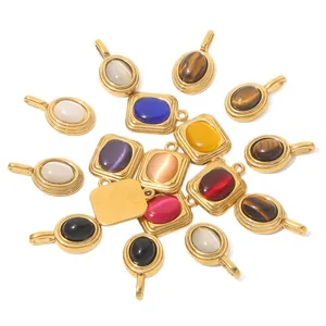 Assorted natural stone oval pendants with gold stainless steel frames for DIY necklaces
