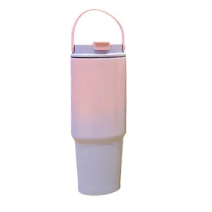 30oz stainless steel insulated travel mug with gradient pink to purple finish and handle