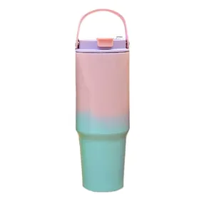 30oz gradient pink and blue insulated stainless steel travel mug with handle