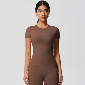 Front view of coffee brown brushed yoga set featuring slim fit tee and high waist leggings