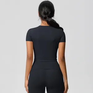 Back view of a black slim-fit yoga set showing high-stretch quick-dry athletic fabric