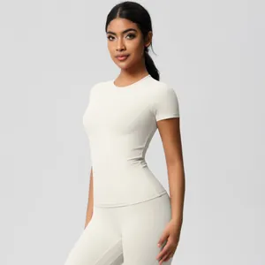 Detailed texture of off-white quick-dry yoga set fabric with ergonomic slim fit design