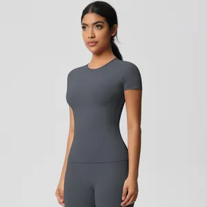 Detail of dark grey slim-fit yoga t-shirt with flexible moisture-wicking fabric