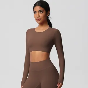 Close-up of mocha brown mocha yoga set showing high-density brushed stretch fabric
