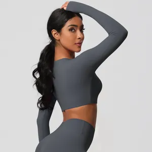 Detailed back view of charcoal grey cropped long sleeve and high waist leggings set