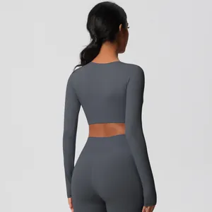 Rear view of tight-fit yoga set showing seamless stitching and high-elastic fabric