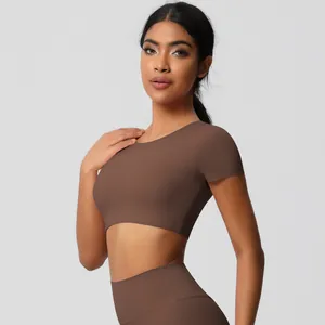 Detail of high-elasticity brown short sleeve crop top for yoga and fitness training