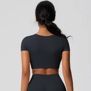 Back view of high elastic seamless yoga crop top and leggings in black color