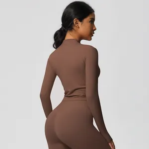 Rear view of sleek chocolate brown yoga set showing high-waist pants and slim long sleeve top