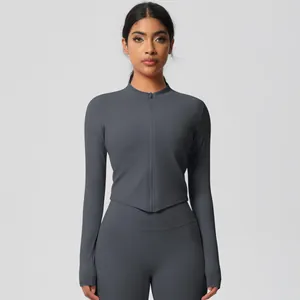 Detail of dark gray slim-fit yoga set with stand collar zipper jacket and leggings