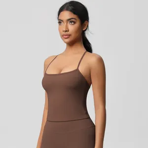 Side view of dark brown tight yoga set featuring a U-neck sports bra and high-waisted leggings