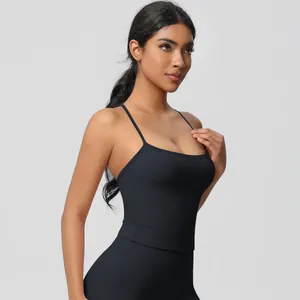Detail of black brushed yoga top with spaghetti straps and moisture-wicking fabric