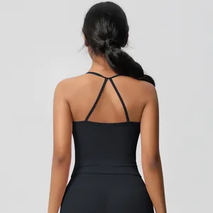 Close-up of black sports bra featuring a criss-cross open back design for yoga and fitness