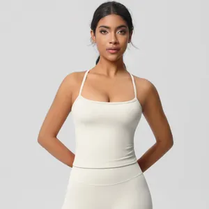 Detail of off-white yoga set featuring a slim-fit tank top and high-waist leggings