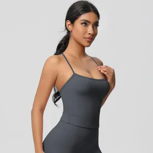 Close-up detail of dark grey brushed yoga tank top with slim straps and athletic fit