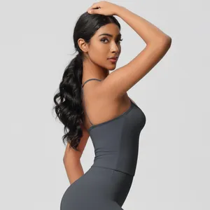 Detail of dark grey yoga set with slim straps and racerback in moisture-wicking fabric