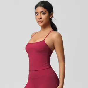 Close-up of burgundy high-stretch yoga set with U-neck camisole and high-waist leggings