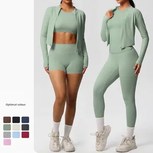 Women's High Elastic Yoga Set Slim Fit Quick Dry Brushed Gym Clothing Long Sleeve Zip Up Jacket Leggings Workout Outfits