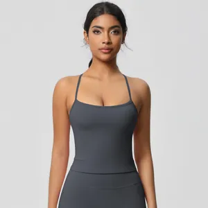 Set da yoga grigio scuro aderente con leggings a vita alta e canotta con scollo a u