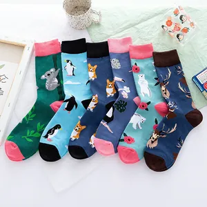 6 pairs of cartoon cotton crew socks featuring cute animal patterns for men and women