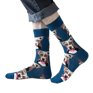 Deep blue cotton crew socks featuring realistic pitbull dog patterns with ribbed cuffs