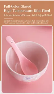 Detail of lead-free pink ceramic spoon and sakura bowl with food-safe glaze coating