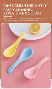 Detailed view of three macaron-colored ceramic spoons with round hanging holes