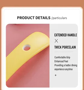 Close-up of bright yellow ceramic spoon handle with elongated design and hanging hole