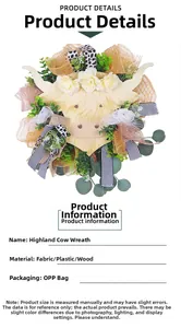 Detail of Highland Cow wreath with faux white roses, eucalyptus leaves, and burlap ribbons