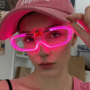 Detail of pink LED glowing glasses with heart bridge worn by a trendy fashion model