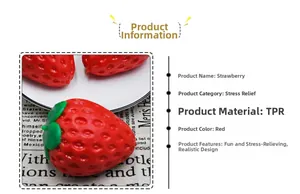 Detail showing TPR strawberry stress relief toy with realistic texture and specifications