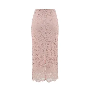 Detail view of pink floral lace skirt featuring high waist design and rear slit detail