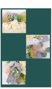 Macro detail of Highland Cow wreath featuring white roses and decorative ribbons