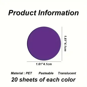 Detailed size chart showing 4.1cm translucent purple PET round index stickers