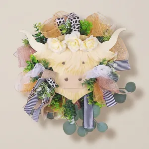 Highland Cow Wreath Artificial White Rose Ribbon Floral Garland Farmhouse Style Spring Door Hanging Decoration For Home Garden Wall Decor