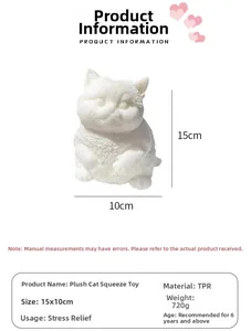 Detailed spec sheet for white TPR simulation fat cat squeeze toy with 15cm x 10cm dimensions