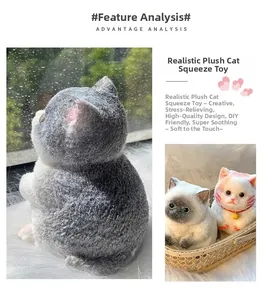 Detail showing soft squishy cat toys in grey, white and orange colors for stress relief