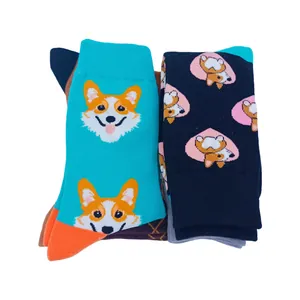 Chaussettes colorées avec motifs de chien Corgi en maille bleu vif et bleu marine