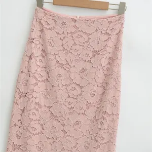 Elegant high waist pink floral lace pencil skirt featuring refined back slit design