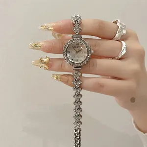 Silver flower luxury rhinestone quartz watch and matching ring set for elegant women