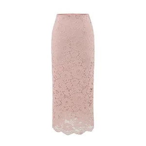 Elegant high-waist pale pink lace skirt with floral patterns and a wavy scallop hem