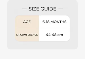 Size chart for baby sun hat, suitable for ages 6 to 18 months and head size 44 to 48cm