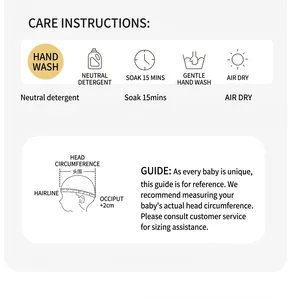Baby sun hat washing instructions and head circumference size measurement guide diagram