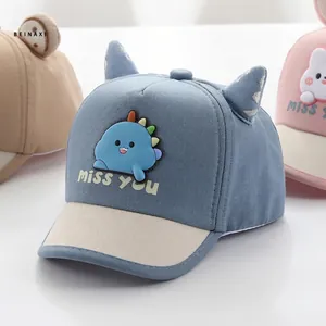 Adjustable cotton baby sun hat with cute 3D ears and cartoon monster print