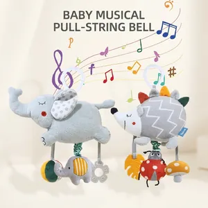 Detail view of plush musical pull string toy for babies with colorful hanging animal pendants
