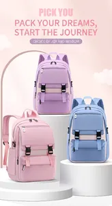 Three colorful lightweight school backpacks for kids in purple, pink, and sky blue hues