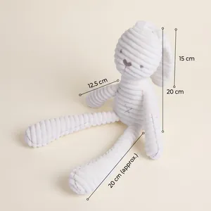 Detailed size chart of white corduroy plush bunny showing 20cm sitting height