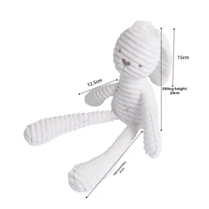 Detailed size chart of white corduroy plush bunny showing 20cm sitting height