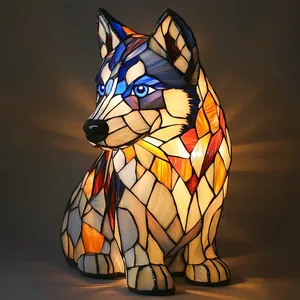 Λάμπα φιγούρα σκύλου Husky με πολύχρωμο φινίρισμα ρητίνης σε στυλ Tiffany