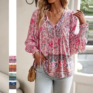 Women Rayon Blouse Long Sleeve V Neck Tie Front Bohemian Floral Print Casual Vacation Loose Fit Top